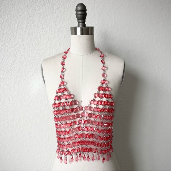 AVANT GARDE PINK AND SILVER CRYSTAL BEADED BOUDOIR HALTER TOP - Picture 2 of 9